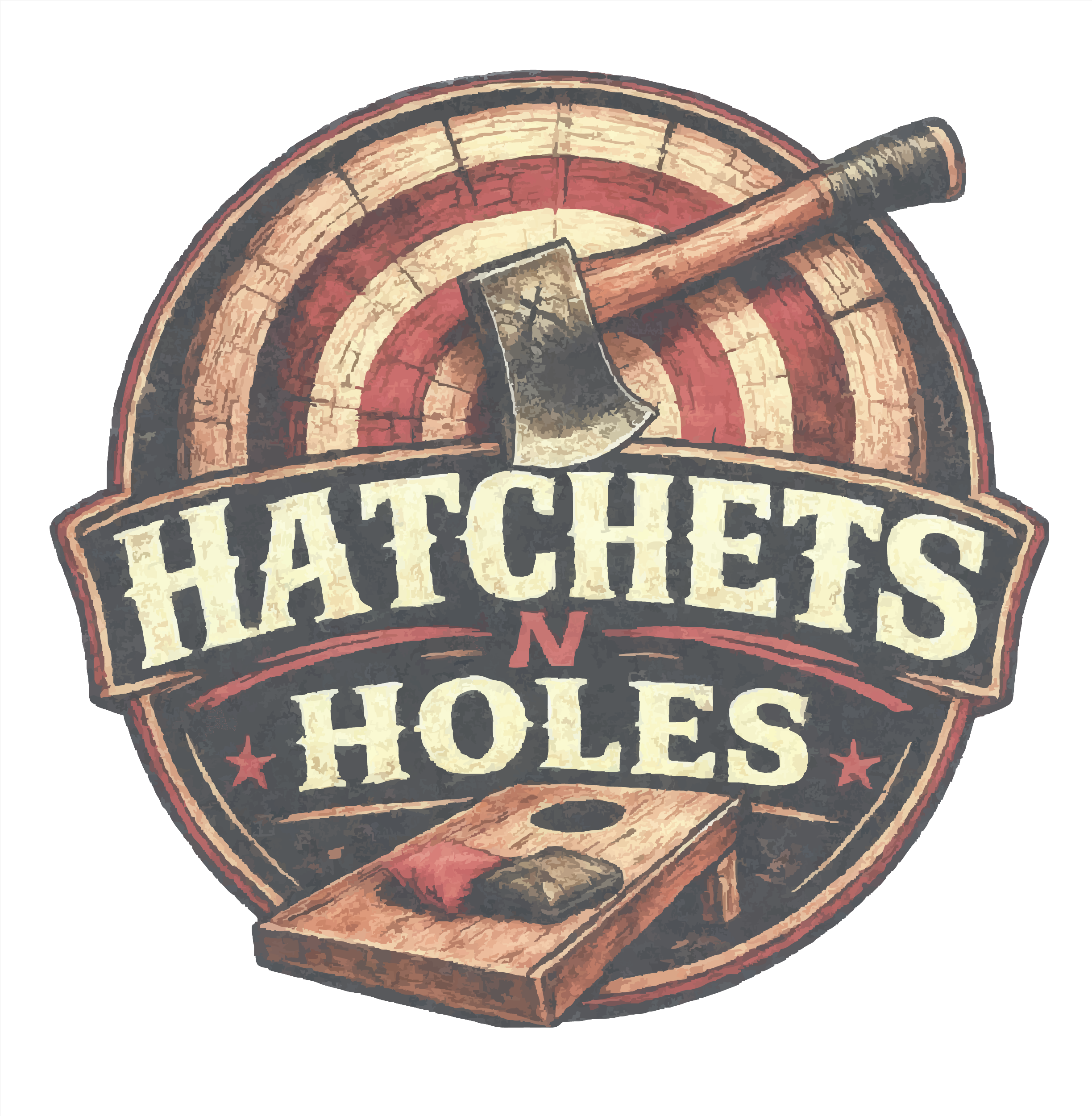 Hatchets N Holes logo — an axe embedded in a throwing target above a cornhole board